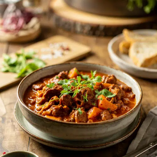 Beef Goulash Hungarian-Style served on a plate
