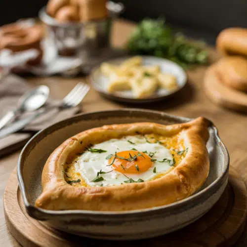 Breakfast Khachapuri with Egg and Cheese served on a plate