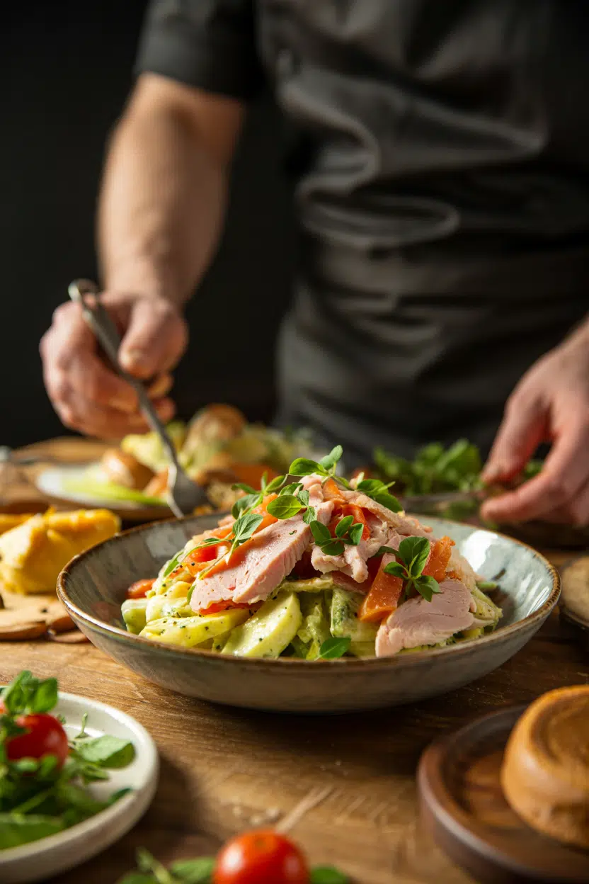 Chef Salad with Turkey and Ham served on a plate