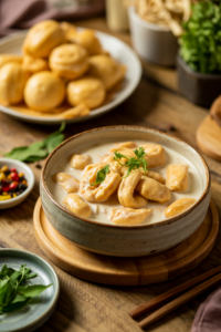 Chinese Savory Soy Milk with Youtiao served on a plate