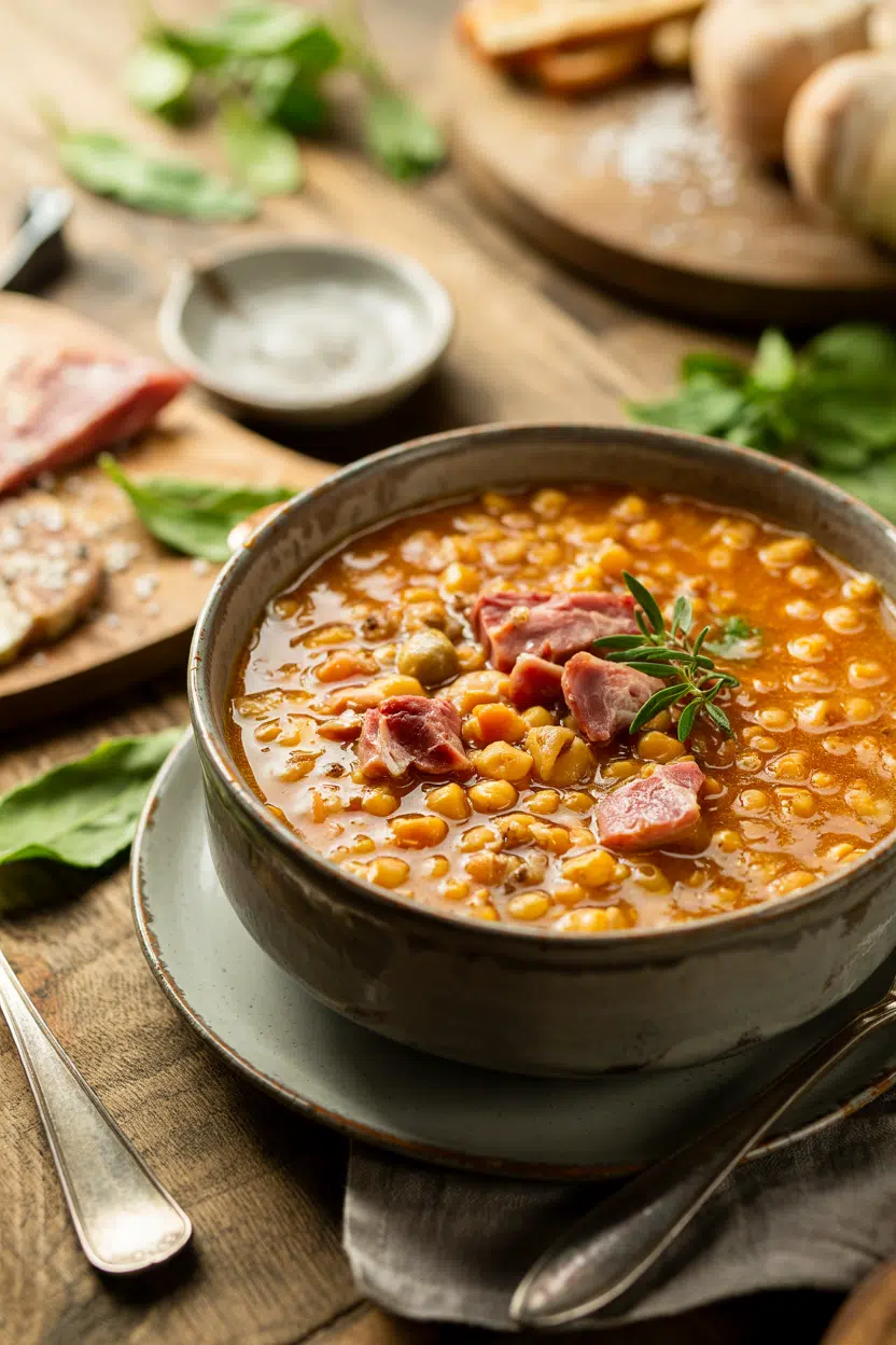 Crockpot Split Pea Soup with Ham served on a plate
