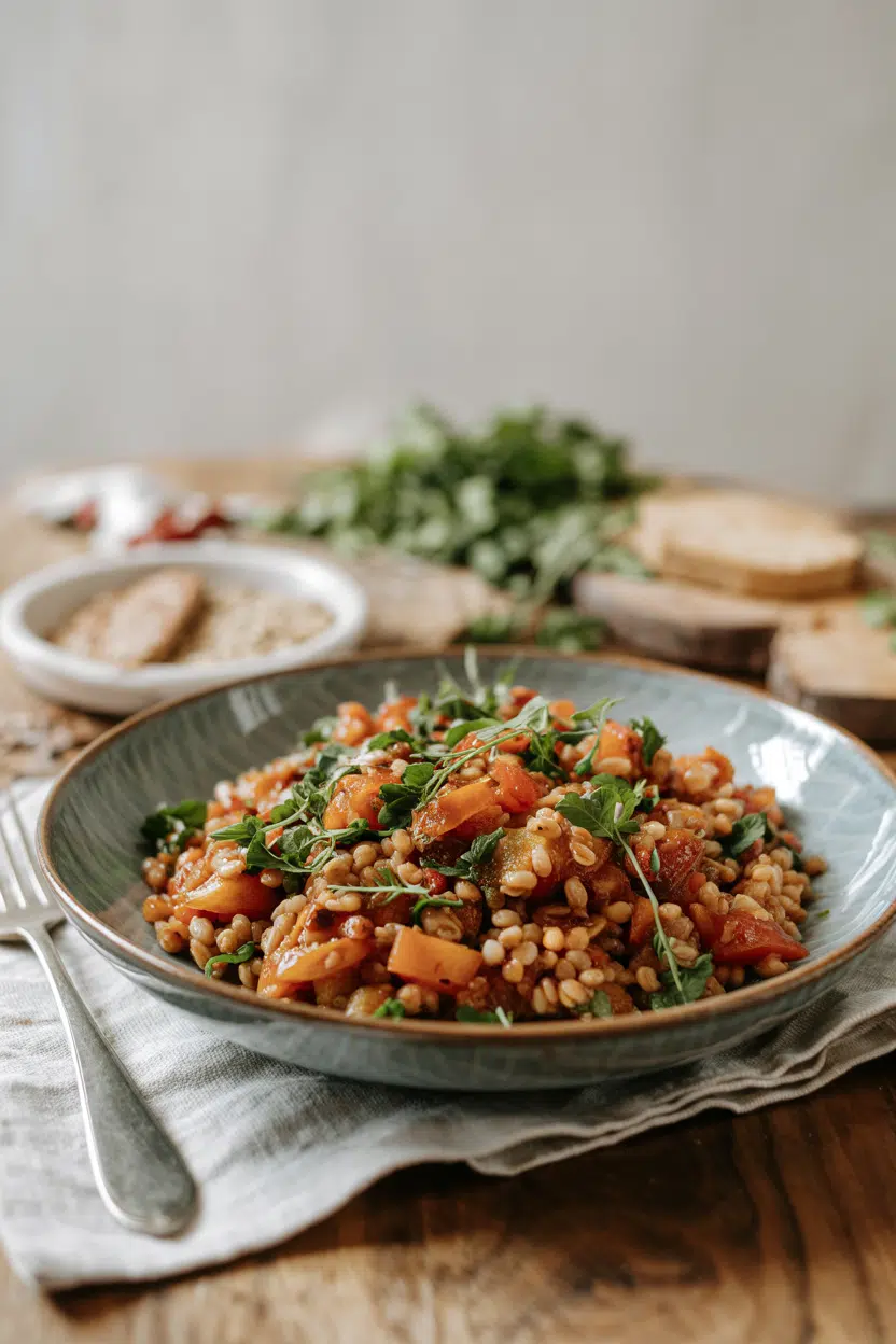 Farro Caponata Salad served on a plate
