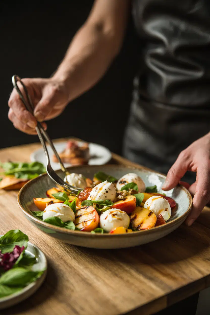 Grilled Peach and Burrata Salad served on a plate