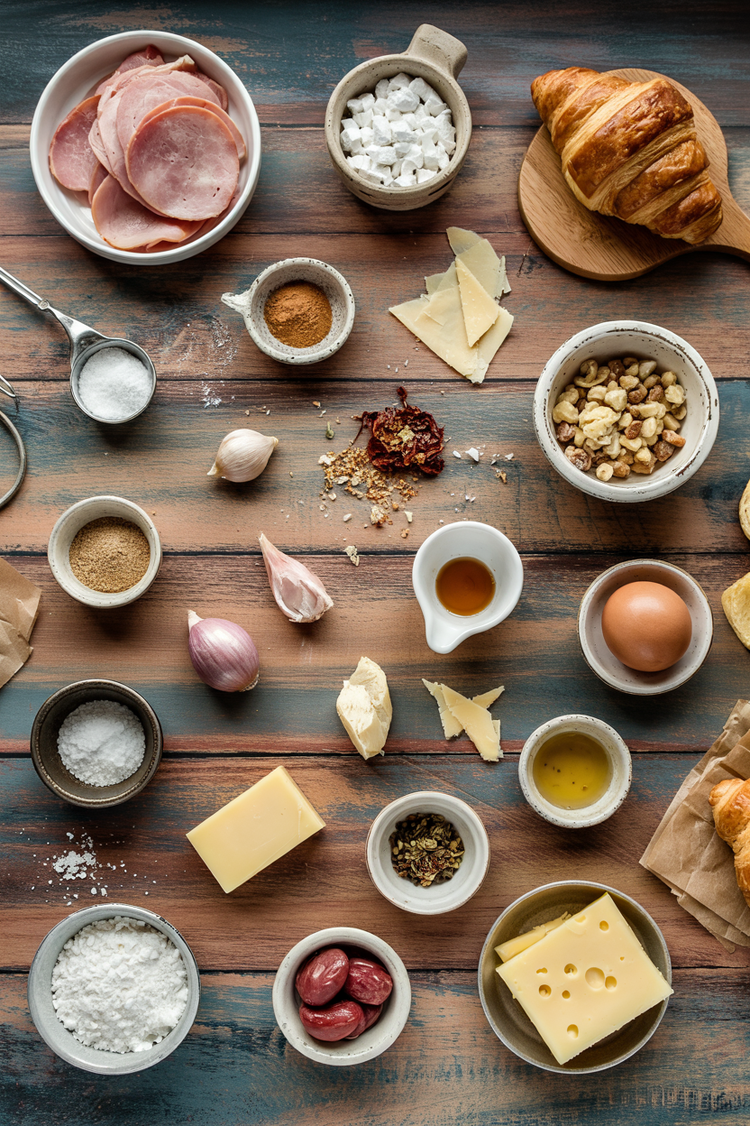 Ingredients for Ham and Cheese Croissant Breakfast Bake