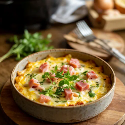 Ham and Cheese Egg Strata served on a plate