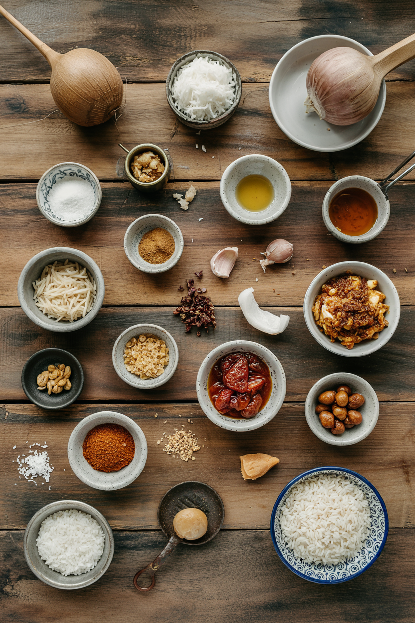 Ingredients for Indonesian Coconut Rice Breakfast (Nasi Lemak)