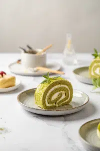 Japanese Matcha Roll Cake served on a plate