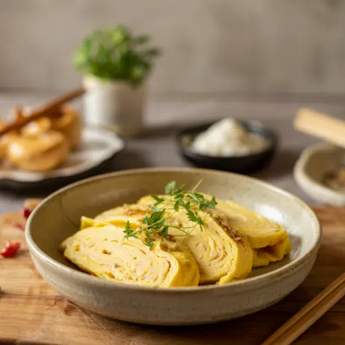 Japanese Tamagoyaki Rolled Omelet served on a plate