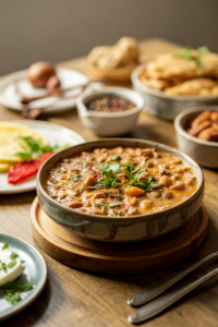 Middle Eastern Ful Medames Breakfast served on a plate