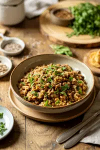 Middle Eastern Mujadara Lentils and Rice served on a plate