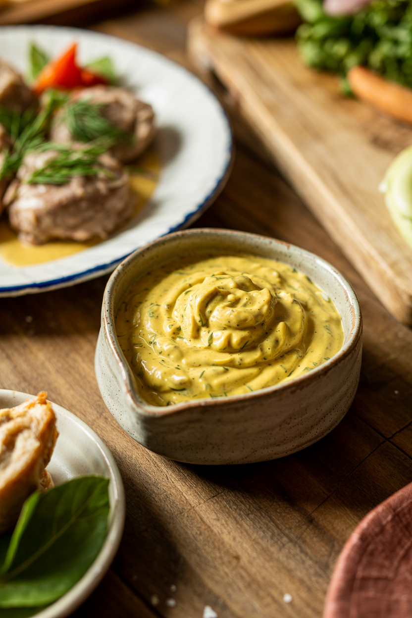 Mustard Dill Sauce served on a plate