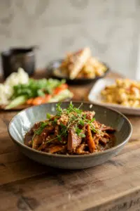 Peruvian Lomo Saltado served on a plate
