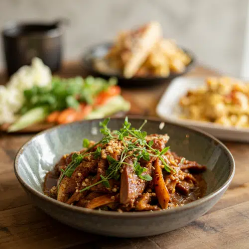 Peruvian Lomo Saltado served on a plate