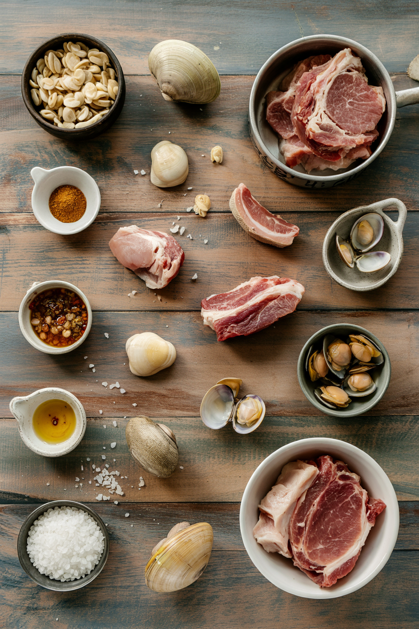 Ingredients for Portuguese Pork and Clams (Carne de Porco à Alentejana)