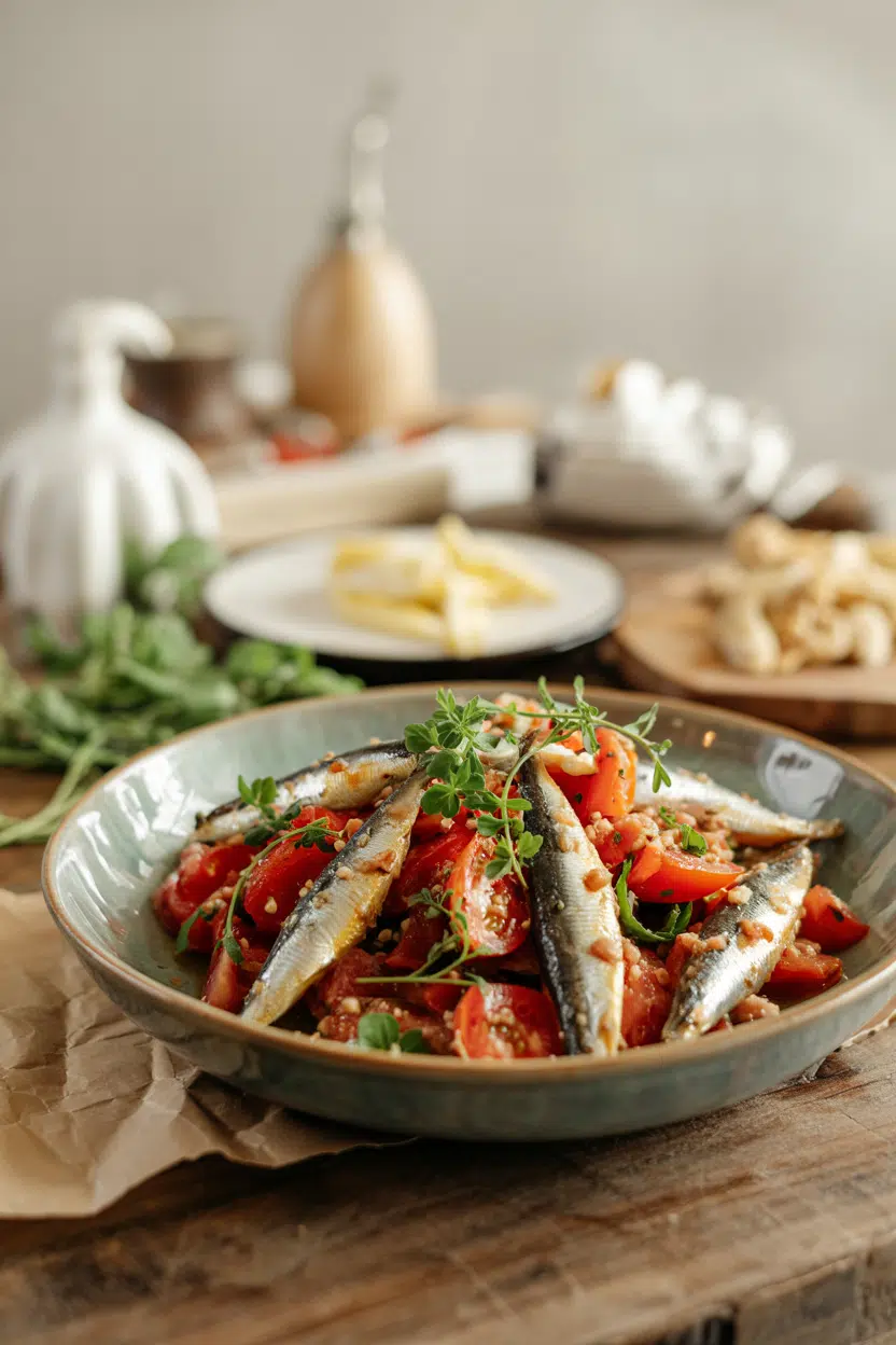 Sardine and Tomato Salad served on a plate