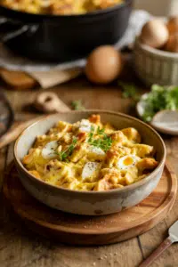 Savory Bread Pudding with Eggs and Cheese served on a plate