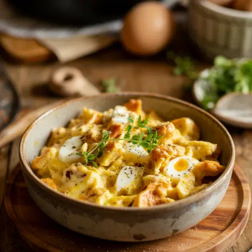 Savory Bread Pudding with Eggs and Cheese served on a plate