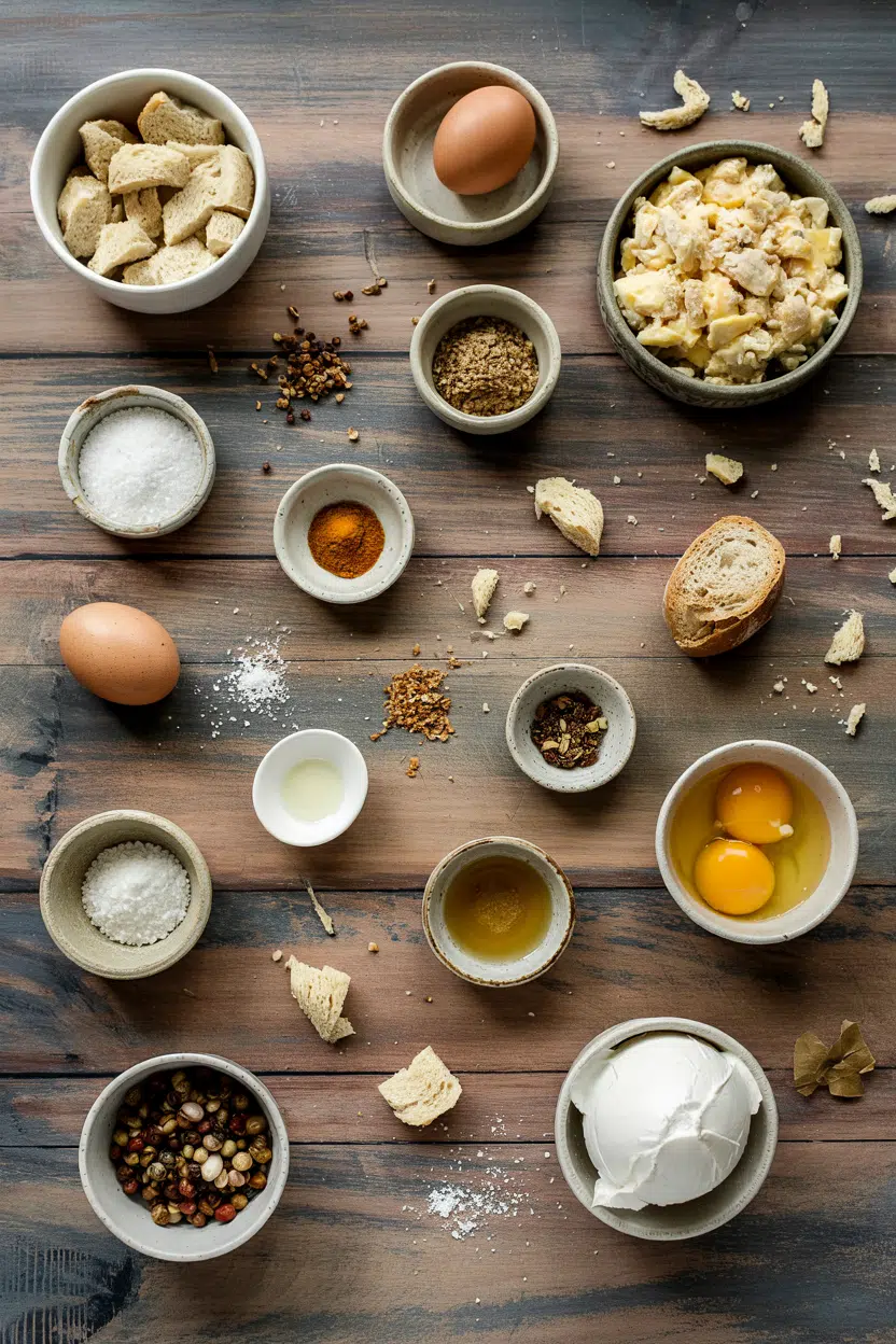 Ingredients for Savory Bread Pudding with Eggs and Cheese