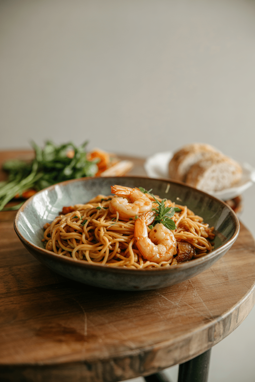 Shrimp Lo Mein served on a plate