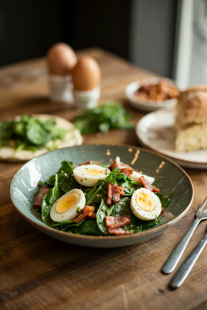 Spinach Salad with Bacon and Eggs served on a plate