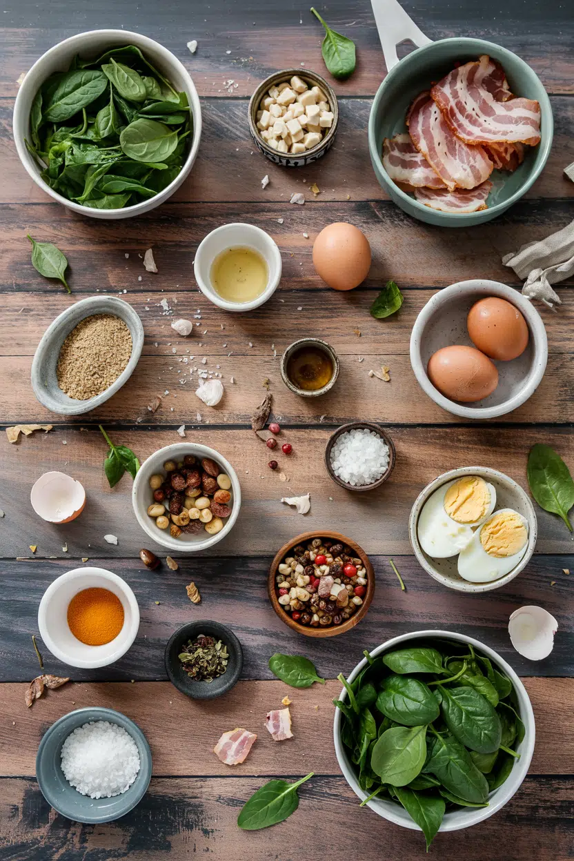 Ingredients for Spinach Salad with Bacon and Eggs
