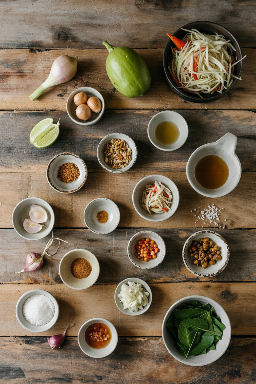 Ingredients for Thai Green Papaya Salad (Som Tam)