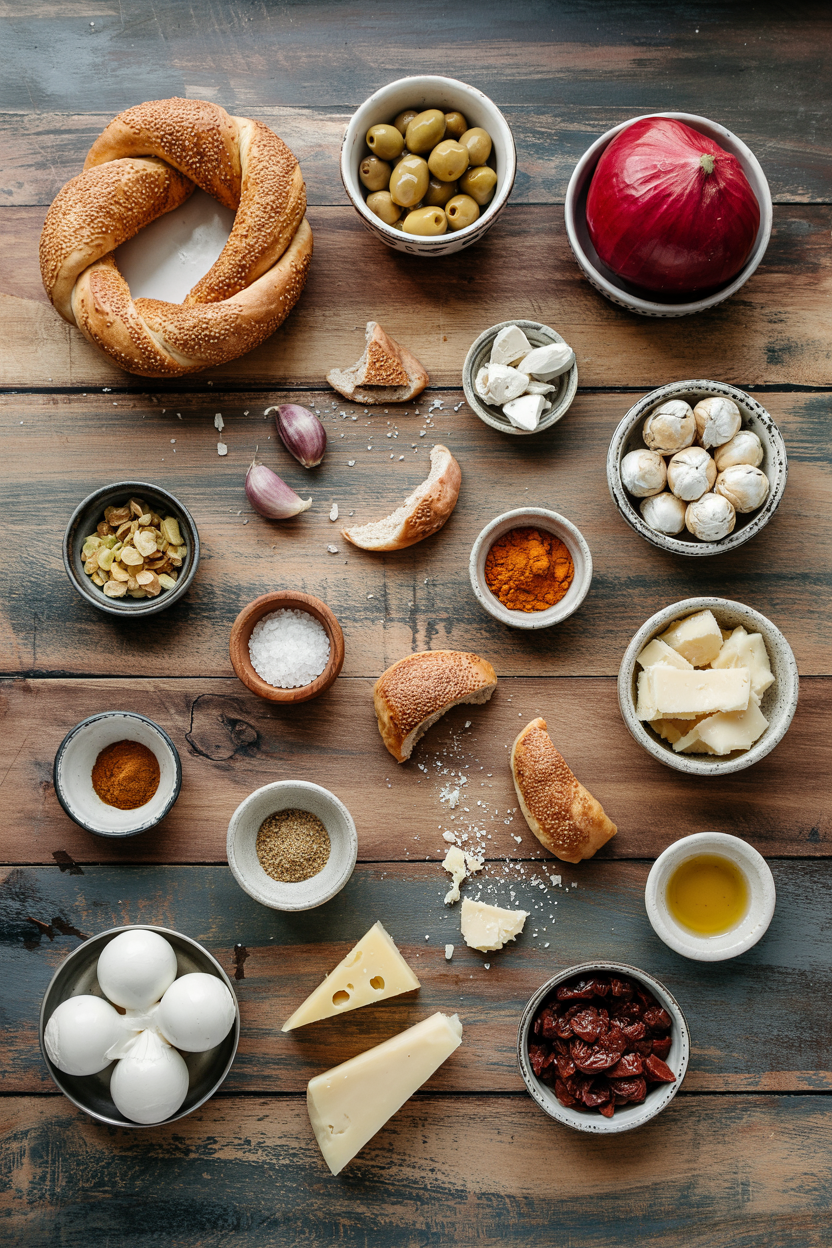 Ingredients for Turkish Simit with Cheese and Olives