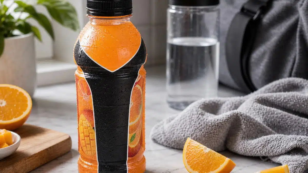 AI product-style photo of BODYARMOR Orange Mango sports drink for best body armor flavors