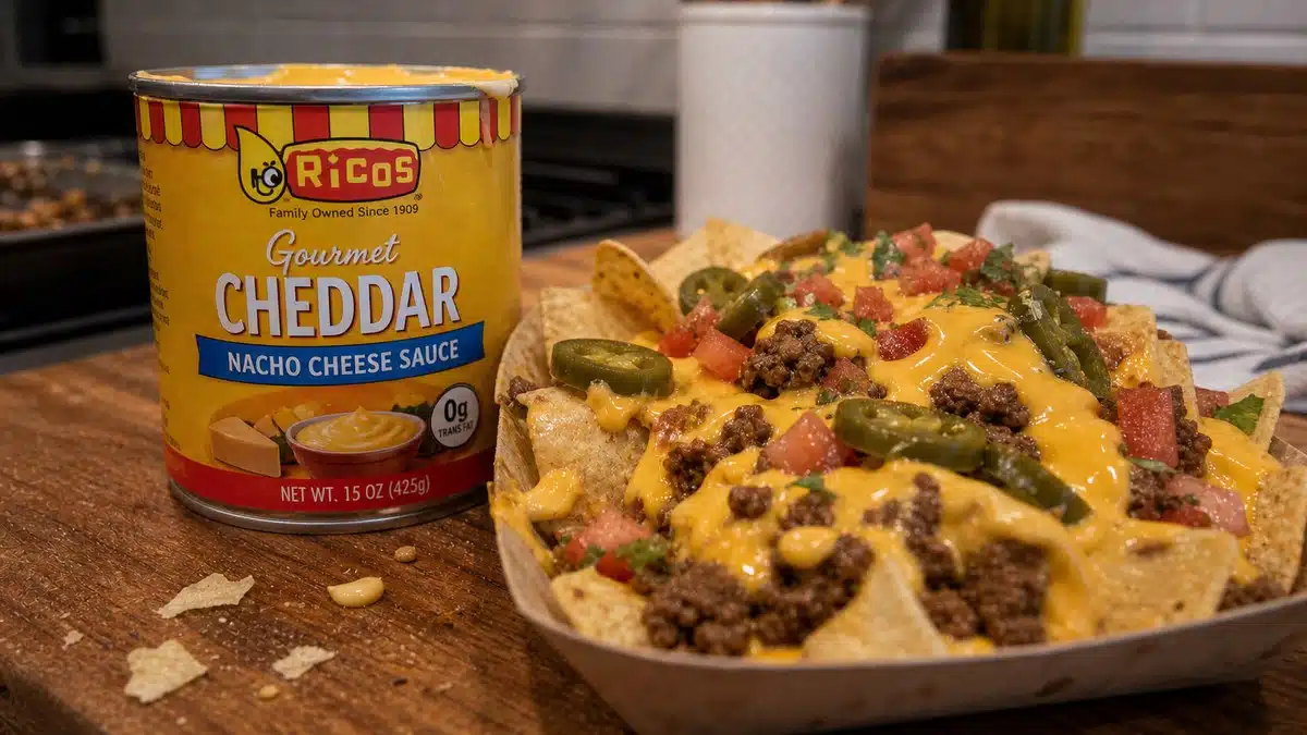AI product-style photo of Ricos Gourmet Cheddar Nacho Cheese Sauce for best canned cheese for nachos