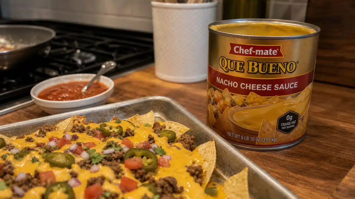 AI product-style photo of Chef-mate Que Bueno Nacho Cheese Sauce for best canned cheese for nachos