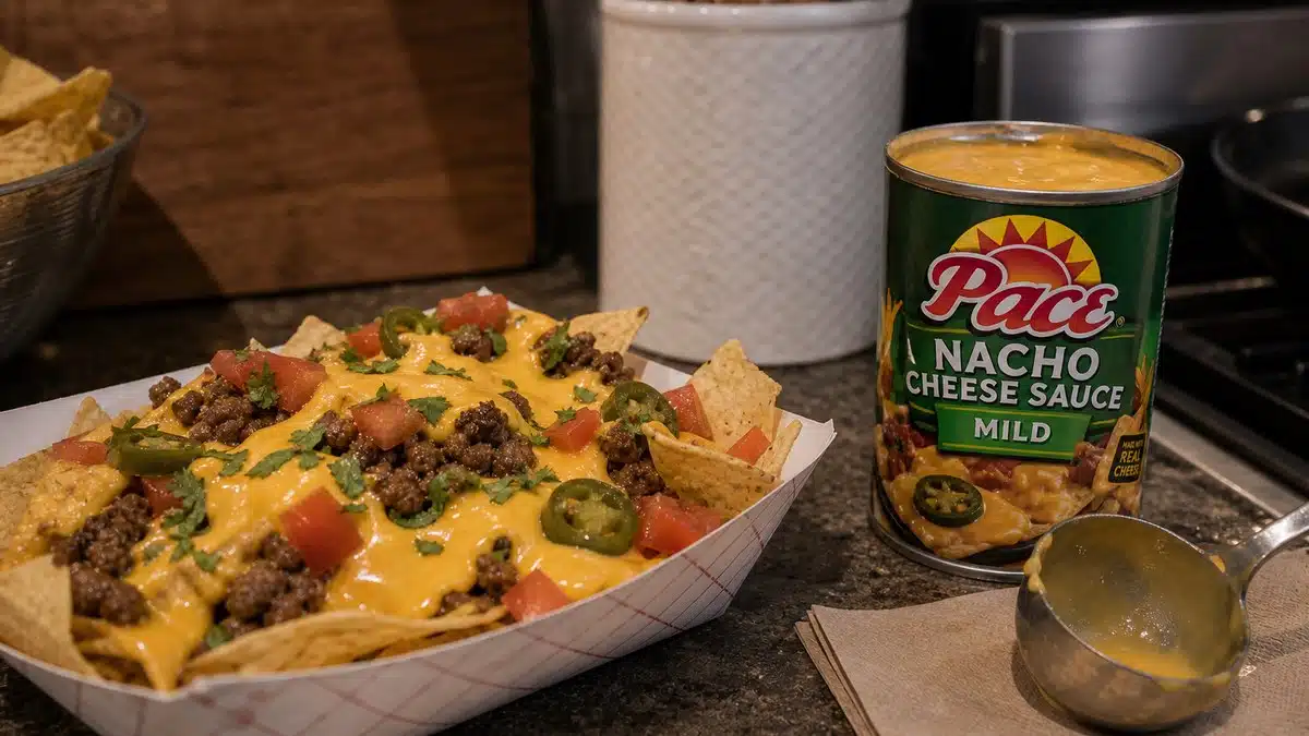AI product-style photo of Pace Mild Nacho Cheese Sauce for best canned cheese for nachos