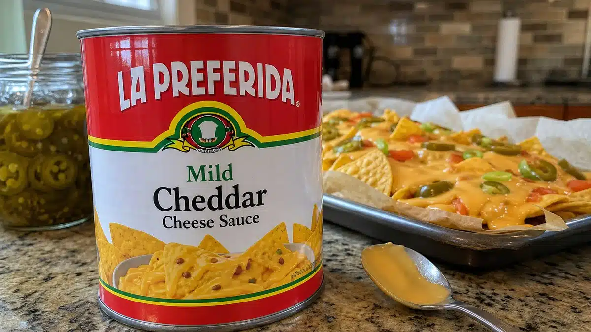 AI product-style photo of La Preferida Mild Cheddar Cheese Sauce for best canned cheese for nachos