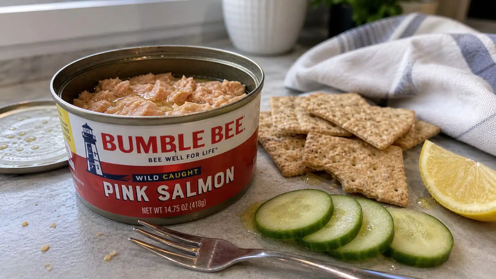 AI product-style photo of Bumble Bee pink salmon for best canned fish