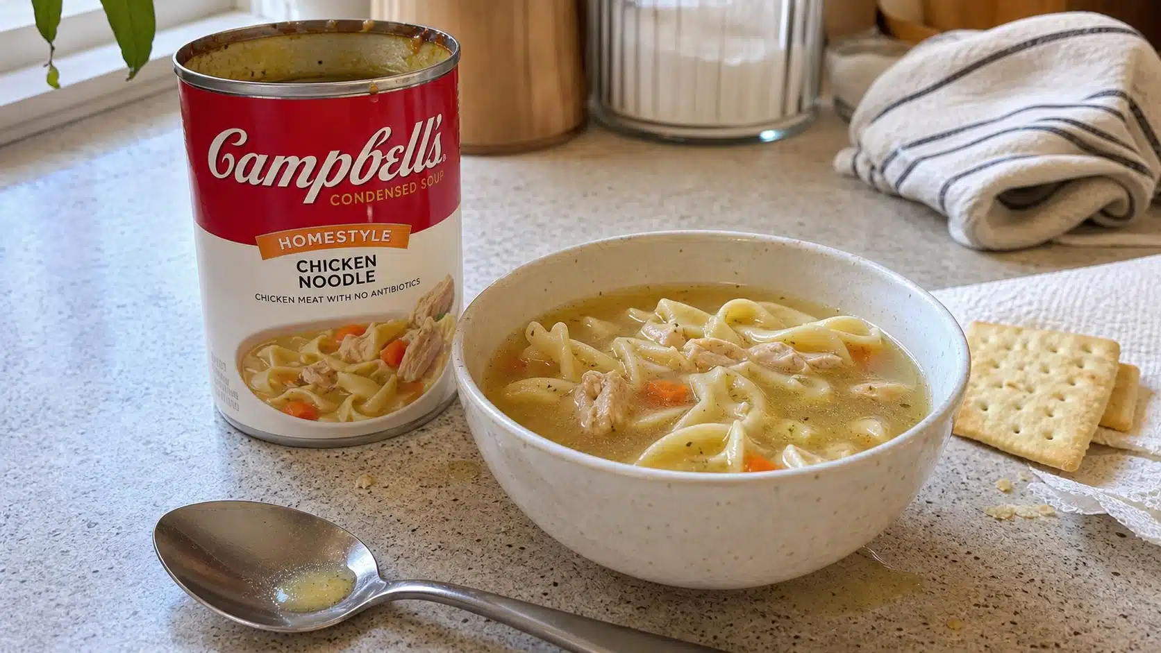AI product-style photo of Campbell's Homestyle Chicken Noodle Soup for best canned soup