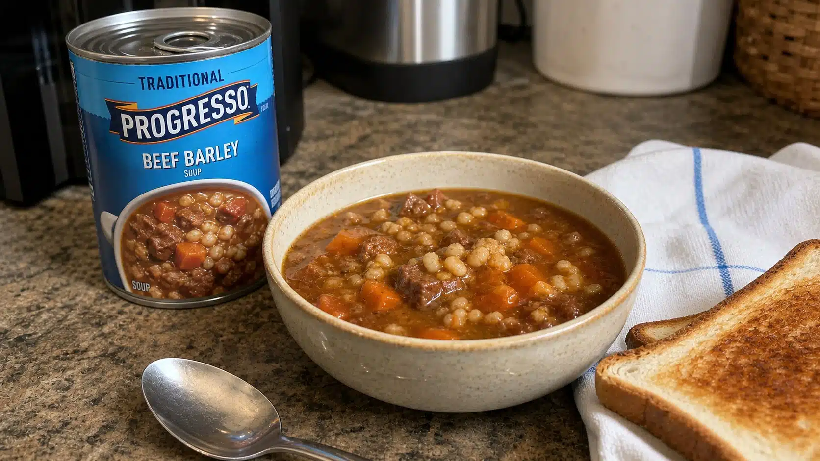 AI product-style photo of Progresso Beef Barley Soup for best canned soup