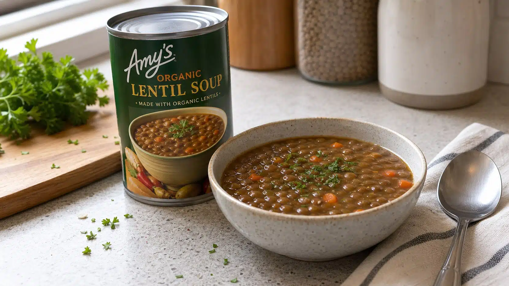AI product-style photo of Amy's Organic Lentil Soup for best canned soup