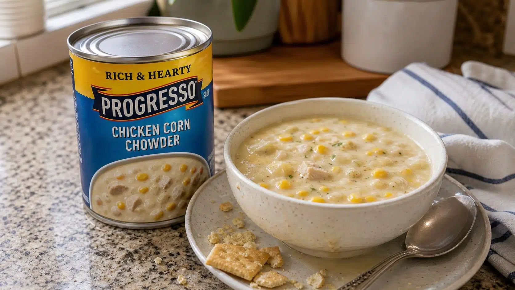 AI product-style photo of Progresso Chicken Corn Chowder for best canned soup