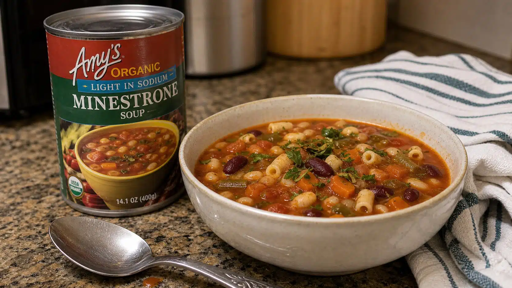AI product-style photo of Amy's light in sodium minestrone soup for best canned soup