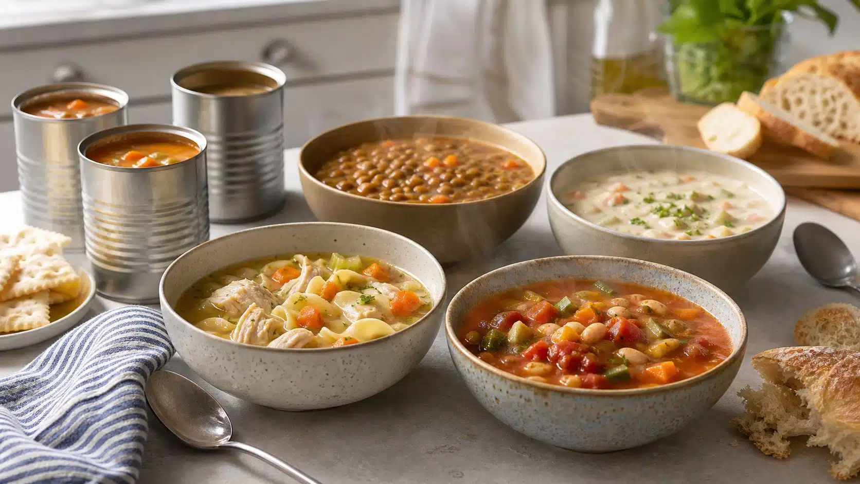 Best canned soup bowls and cans on a kitchen counter