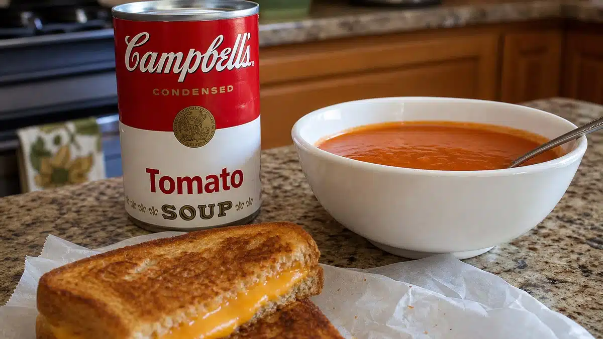 AI product-style photo of Campbell's Condensed Tomato Soup for best canned tomato soup for grilled cheese