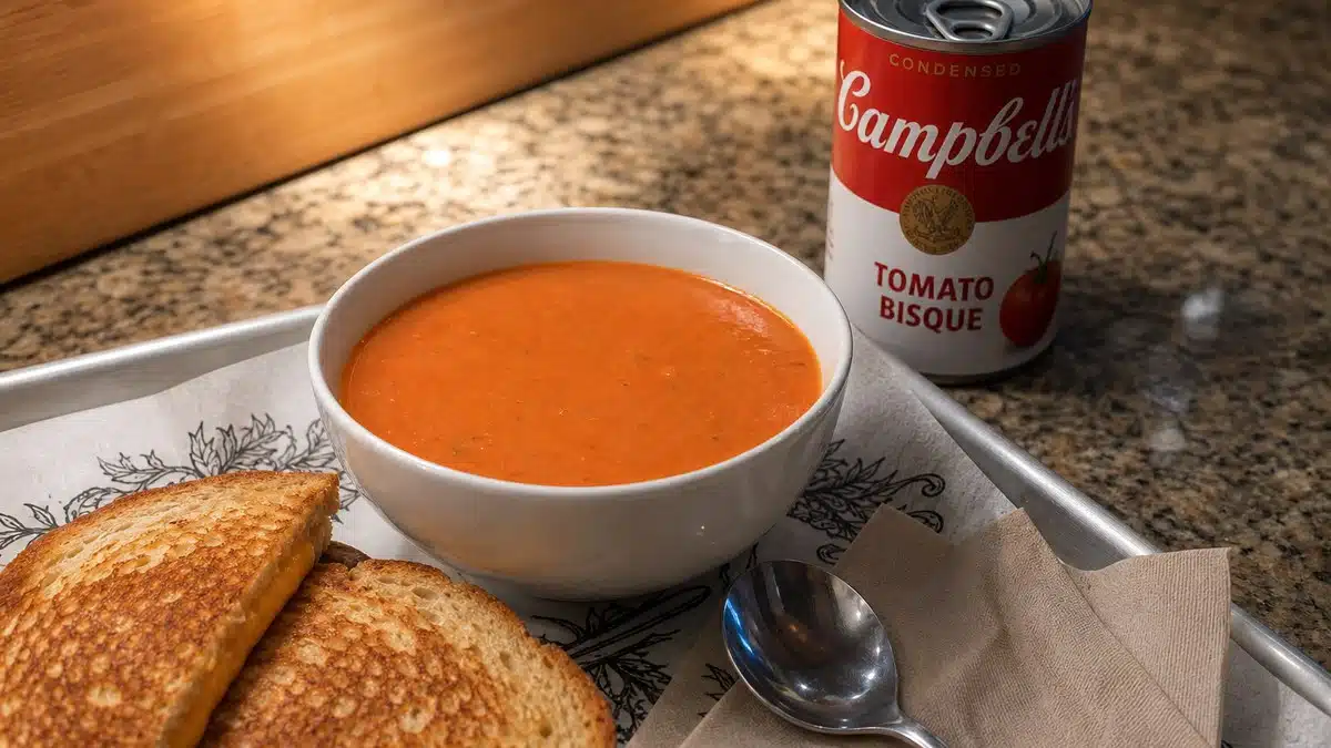 AI product-style photo of Campbell's Condensed Tomato Bisque for best canned tomato soup for grilled cheese