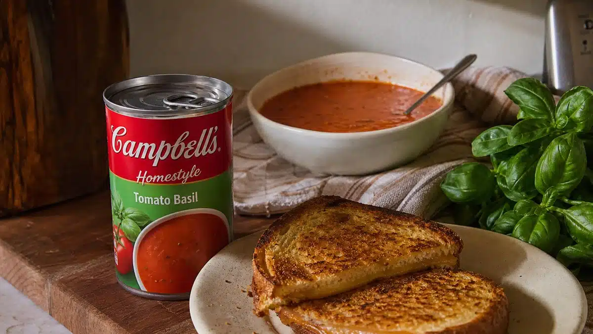 AI product-style photo of Campbell's Homestyle Tomato Basil Soup for best canned tomato soup for grilled cheese