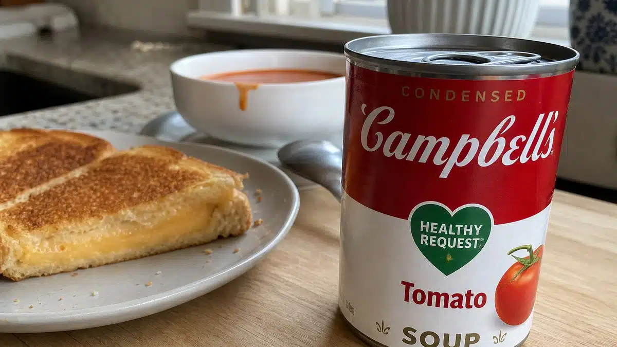 AI product-style photo of Campbell's Condensed Healthy Request Tomato Soup for best canned tomato soup for grilled cheese