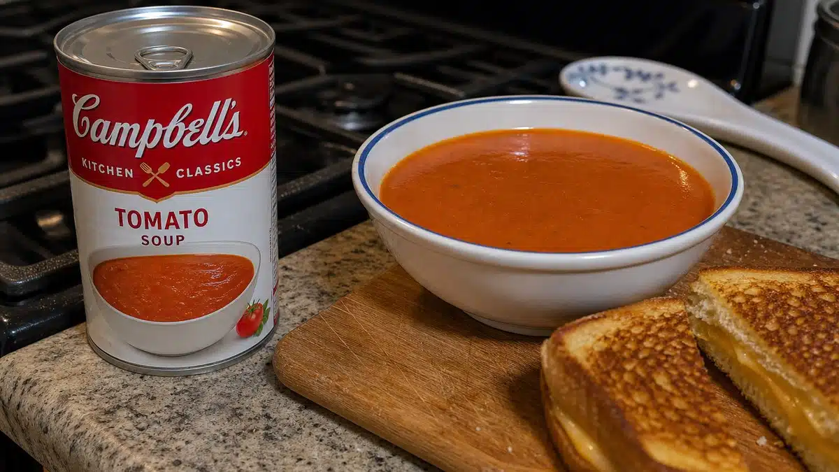 AI product-style photo of Campbell's Kitchen Classics Tomato Soup for best canned tomato soup for grilled cheese