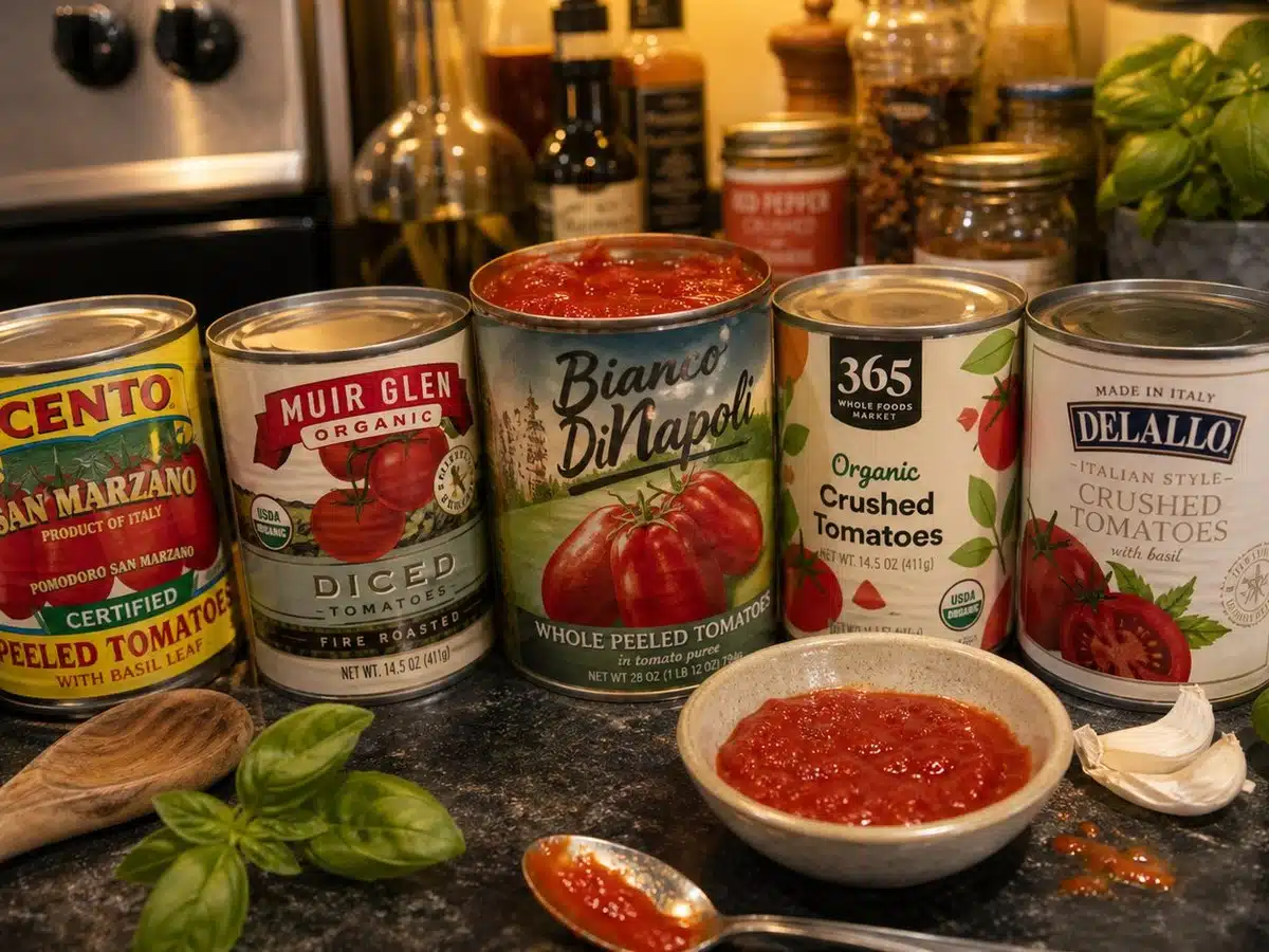 Canned tomato products on a kitchen counter for a best canned tomatoes buying guide