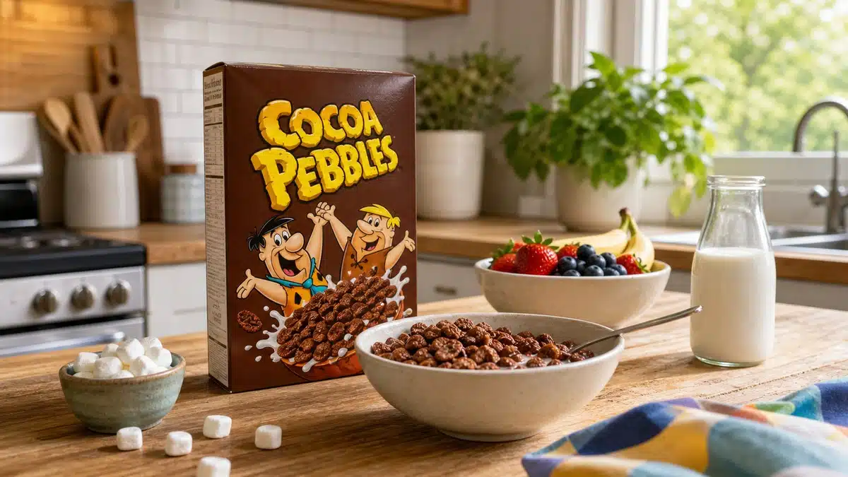 AI product-style photo of Cocoa Pebbles cereal for best cereal