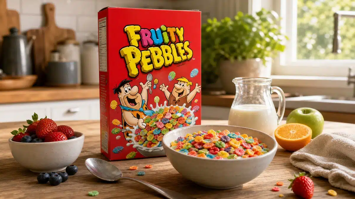 AI product-style photo of Fruity Pebbles cereal for best cereal