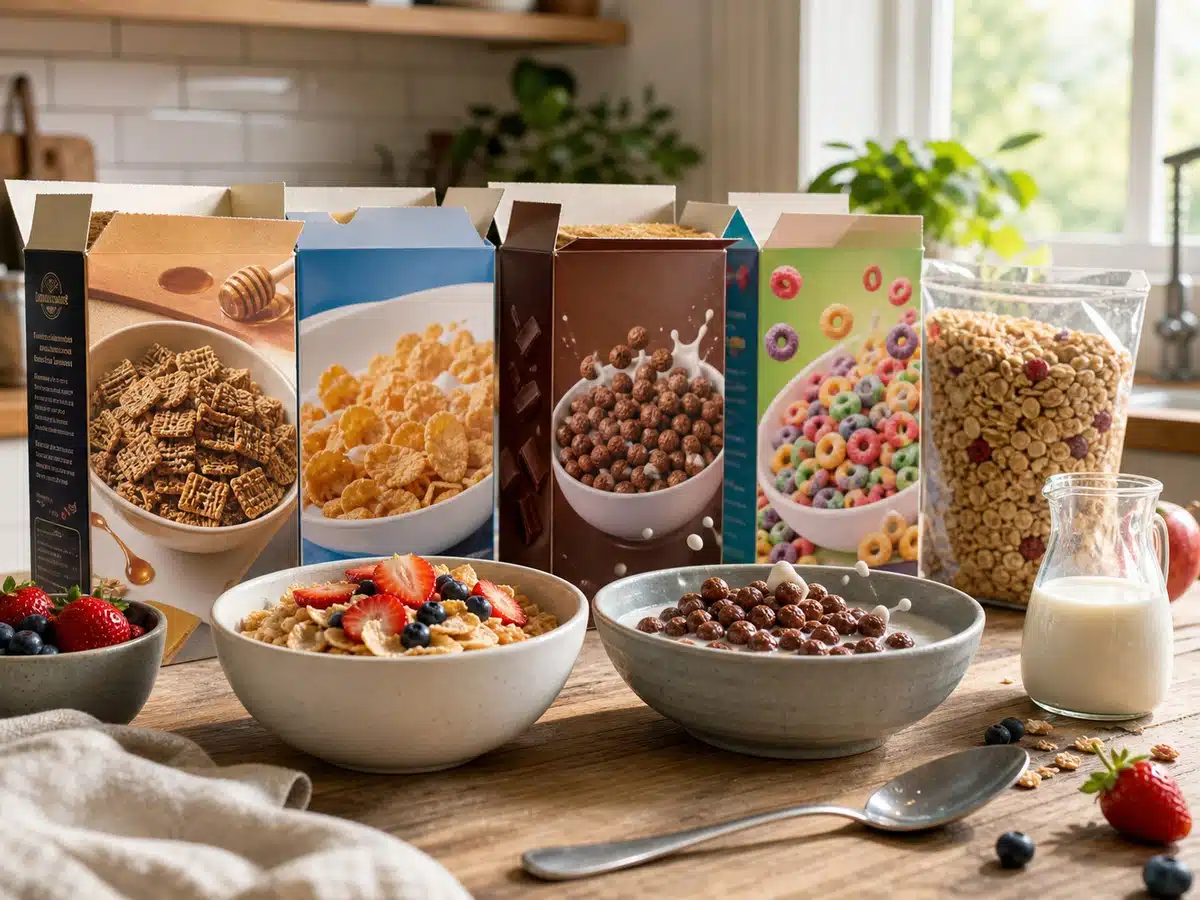 Editorial image of cereal boxes and bowls on a bright kitchen counter for best cereal