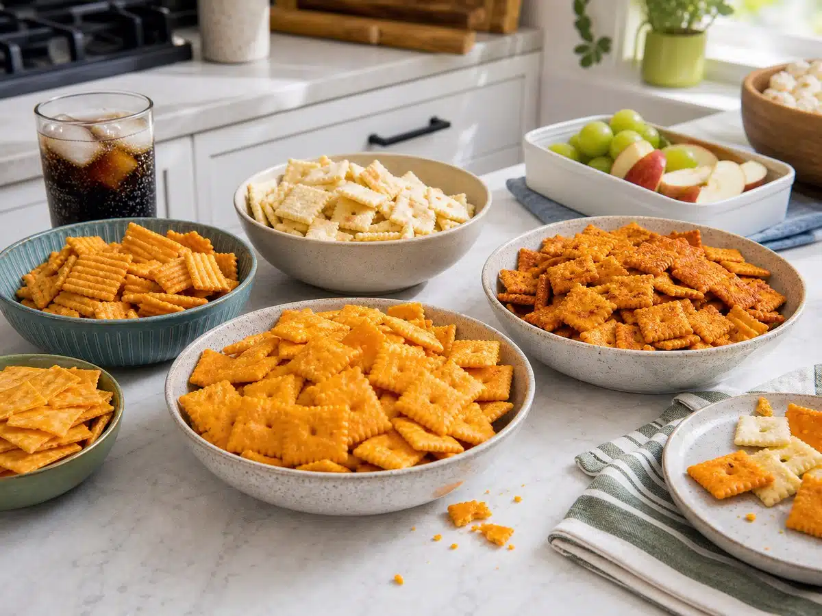 Bowls of Cheez-It flavors on a kitchen counter for best Cheez-It flavor