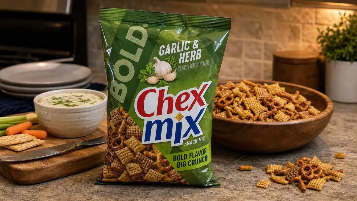 AI product-style photo of Bold Garlic & Herb Chex Mix for best chex mix flavors